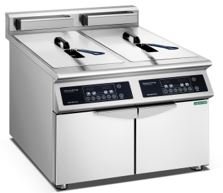 ESC-8D-16 Electric induction double tank deep fryer Product size: 800*900*850+150mm Voltage/ Power: 380V,50Hz,8kW *2 Volume: 29 L / tank Temperature range: 0~230℃