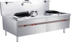 Ak-SWC-2-1N(E Gas double burner wok with single basin 1. Heating load: 42KW*2 =84KW 2. Fan Voltage: 220V~/50Hz 3. Fan Power: 0.13KW*2 4. Fan: silient fan *2 5. Burner: S95 Environmental silient burner 6. Ignition: Electronic Pulse Type lgnitor 7. Flameout protection: ion detection flameout protection; 8. Product size: 1800*1050*810mm