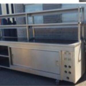 Passtable Counter : SS Hot Cabinet With Service racks with heaters for pass counter from kitchen to service Length – 300mm/ width : 750mm / Hight From leg to table -850mm