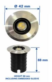 Led Embedded Upshine Spotlight-Modle DL3068 / Brushed Aluminum 700MA 3 Watt 3000k IP57/42MM In-ground light / underwater light Input voltage: 12V AC/DC Power: 3W Material: Stainless steel light body + ABS embedded sleeve Color temperature: 3000K Cable length: 0.5 m Protection rating: IP68 Dimensions: Dia. 42 x H 88 mm, including embedded Sleeve